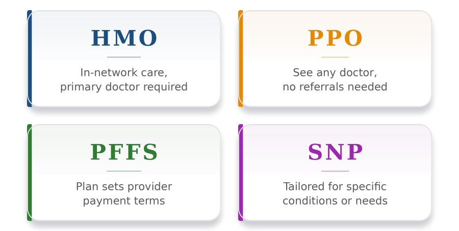 Medicare Advantage plan types 2027: HMO, PPO, PFFS, and SNP