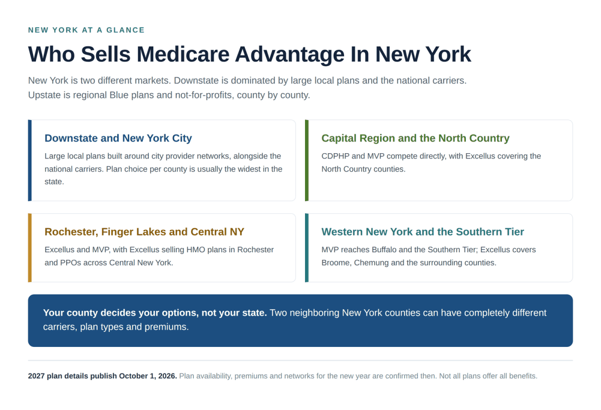 Medicare Advantage carriers in New York 2027 by region, upstate and downstate