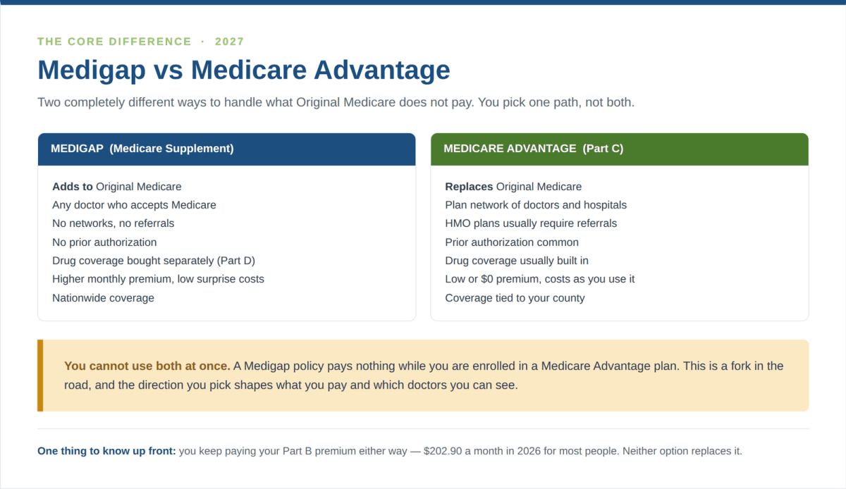 Medigap vs Medicare Advantage side-by-side comparison of coverage, networks and costs for 2027